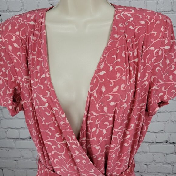 Papillon Pink 100% Silk Leaf Print Short Sleeve Belted Lined Long Wrap Dress 16 - Picture 6 of 14